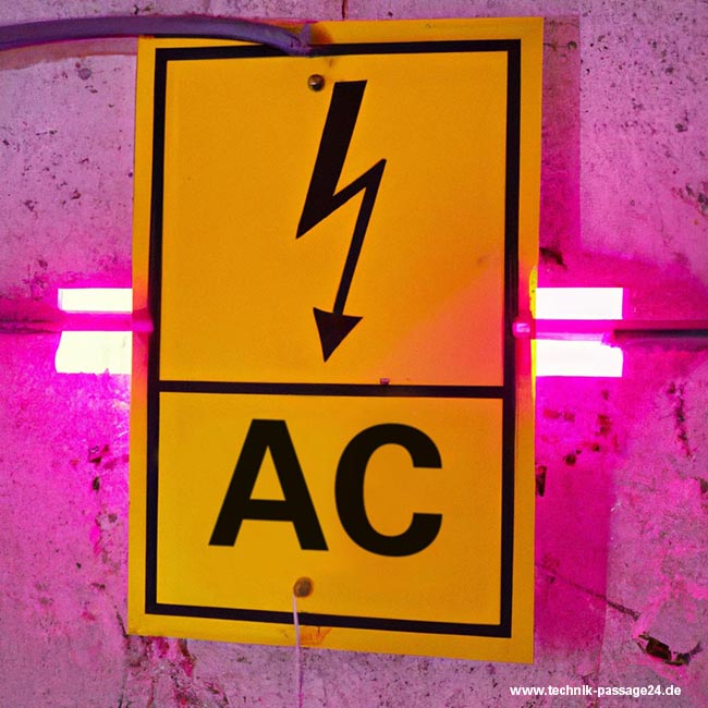 Gelbes Schild mit Blitz und AC-Aufschrift vor pinker Neonbeleuchtung.