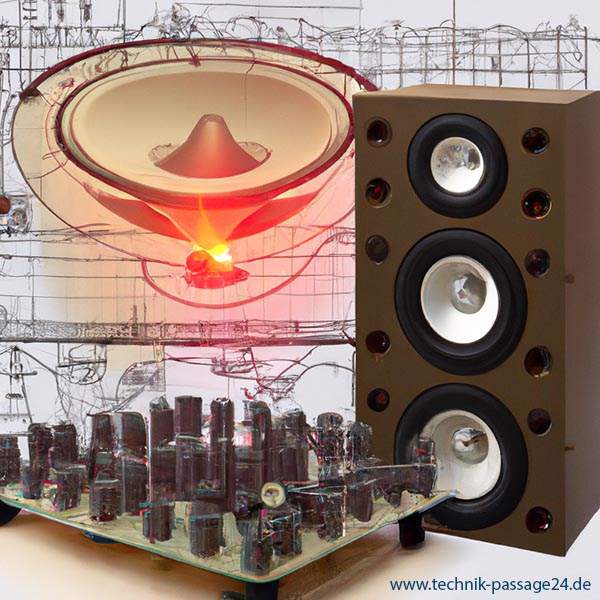 Lautsprecher vor Diagramm und technischer Zeichnung.