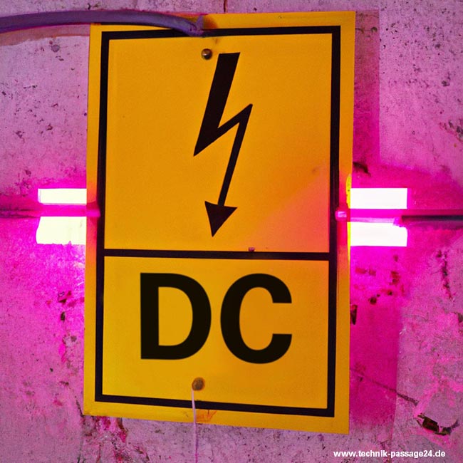 Schild mit Blitz und DC Beschriftung vor pinker Neonbeleuchtung.